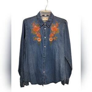 3005)Mia Joy Joyfollie Embroidery Long Sleeve Button down Denim Shirt Large